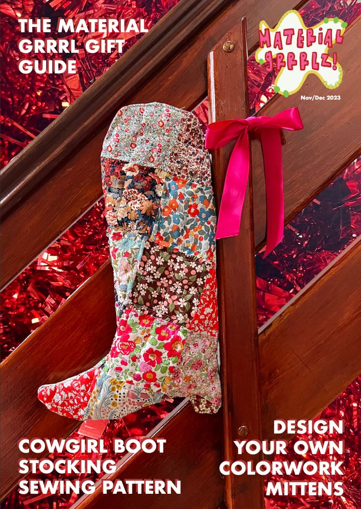 a magazine cover with an image of a flowered boot hanging from the side of a stair case