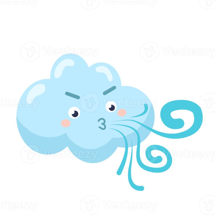 a blue cloud with an angry look on it's face and the tail is curled up