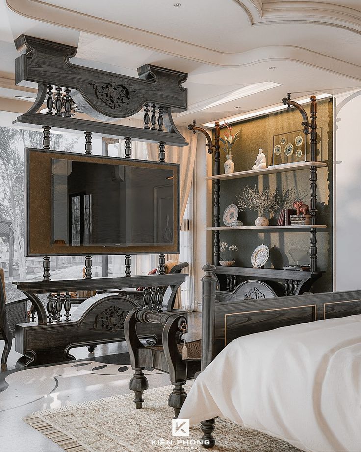 an ornately decorated bedroom is shown in black and white colors, with antique furniture