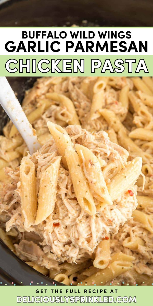 A comfort food dinner recipe in the crockpot! This cozy dinner idea features a garlic parmesan pasta with shredded chicken. Cooked in Buffalo Wild Wings parmesan garlic sauce, this chicken pasta is full of bold flavor! Crock Pot Garlic Parmesan Chicken, Crockpot Garlic Parmesan Chicken Pasta, Crockpot Garlic Parmesan Chicken, Wings Garlic Parmesan, Garlic Parmesan Chicken Pasta, Parmesan Chicken Pasta, Crockpot Chicken Parmesan, Garlic Chicken Pasta, Slow Cooker Pasta Recipes