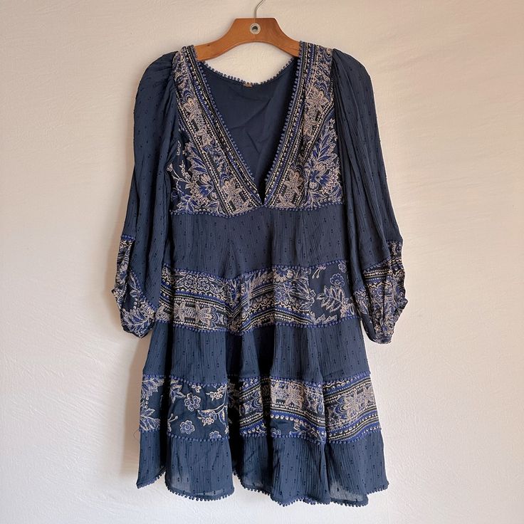 Adorable Free People Dress With Billowed Sleeves And A Deep V. Brand New, Never Worn! Blue V-neck Boho Sundress, Blue V-neck Boho Dress For Brunch, Blue Boho Print V-neck Midi Dress, Blue V-neck Boho Print Midi Dress, Blue Boho Print Dress For Brunch, Blue Bohemian Mini Length Boho Dress, Blue Boho Print Long Sleeve Midi Dress, Blue Long Sleeve Midi Dress With Boho Print, Blue V-neck Mini Dress With Boho Print