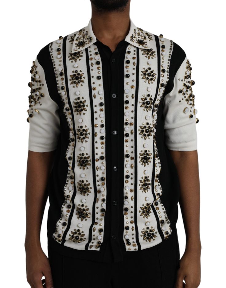 Dolce & Gabbana Embellished Striped Shirt Designer Black Embroidered Shirt, Designer Embroidered Black Shirt, Elegant Button-up Embellished Blouse, Elegant Embellished Button-up Blouse, Black Embellished Shirt For Party, Elegant Black Embellished Shirt, Luxury Collared Blouse, Designer Embroidered Collared Tops, Luxury White Collared Blouse