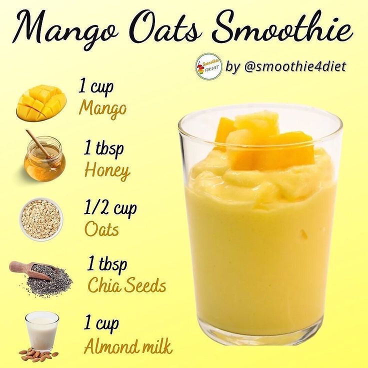 the ingredients for mango smoothie in a glass are shown with information about how to make it