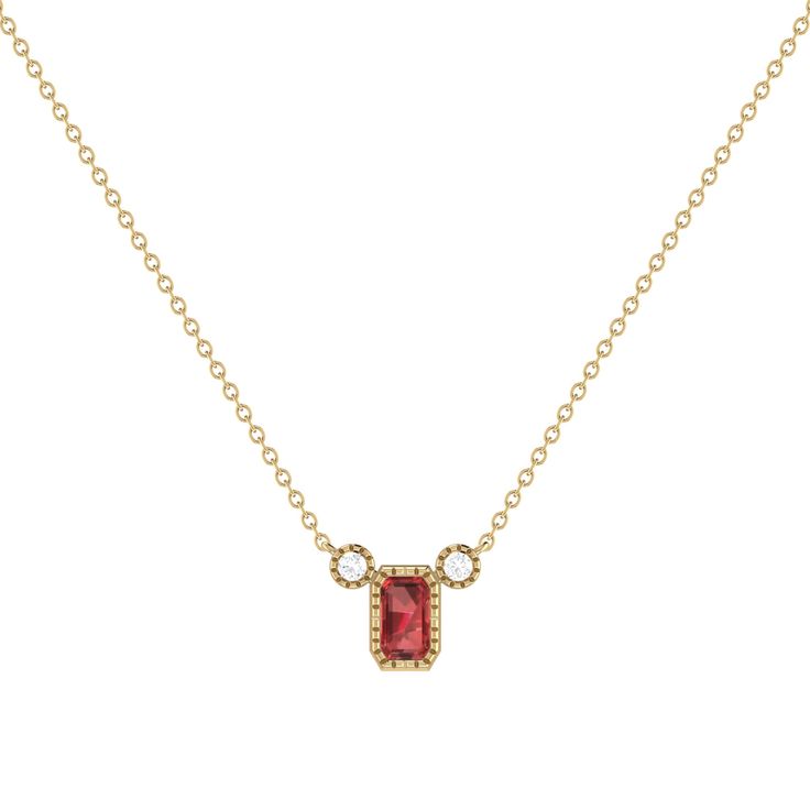 Enhance your wardrobe with timeless elegance courtesy of our Emerald Cut Garnet Birthstone Necklace. Perfect for January birthdays, garnet symbolizes enduring bonds of friendship and trust. Crafted meticulously in 14K Yellow Gold, this necklace features a striking 5 by 3 mm emerald-cut garnet gemstone, accented by 0. 04 carats of natural diamonds in a refined bezel setting. Its 18" diamond-cut chain, complete with jump rings at 16" and 17", allows for customizable length for effortless layering. Garnet Birthstone, Yellow Gems, Diamond Birthstone, Garnet Gemstone, Diamond Fashion, Birthstone Necklace, Watch Necklace, Jump Rings, Diamond Cut