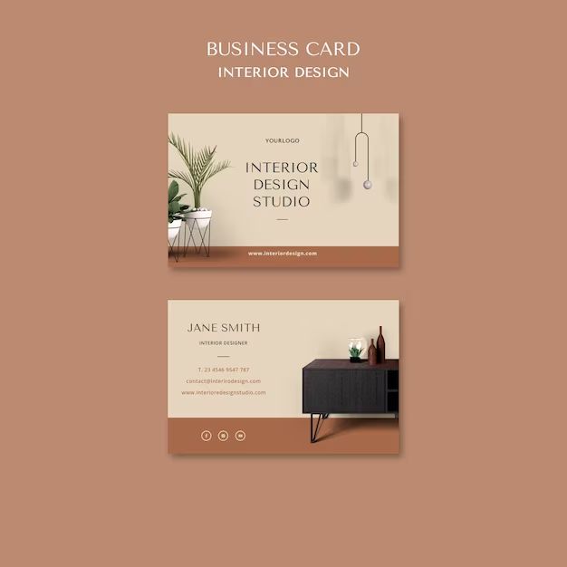 the interior design studio business card is displayed on a brown background with an image of a cabinet