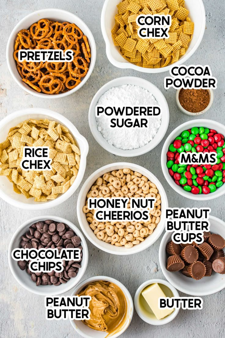 bowls filled with different types of cereals and pretzels on top of each other