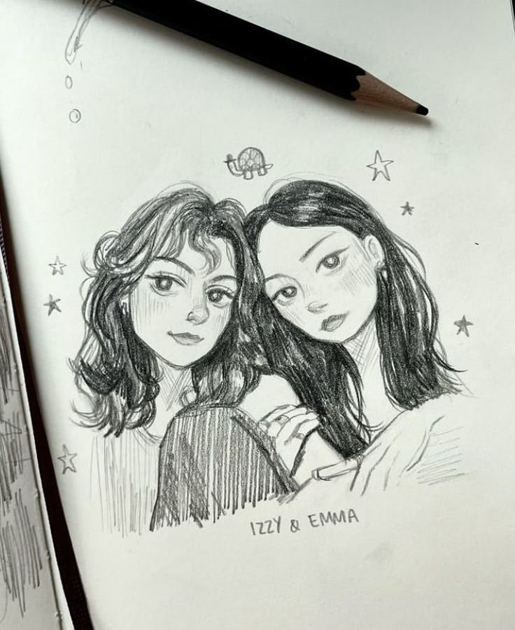 pencil drawing of two girls with stars on the background