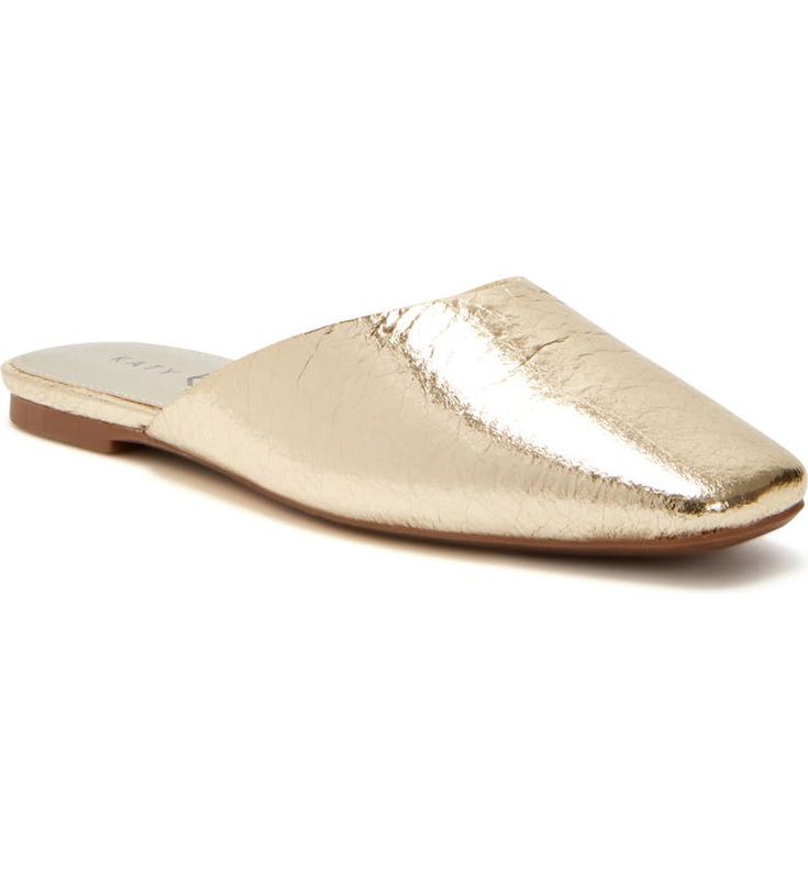 Chic Gold Slip-on Slides, Elegant Flat Mules With Textured Footbed, Chic Slip-on Mules With Textured Footbed, Modern Synthetic Mules With Textured Footbed, Slip-on Slide Mules With Textured Footbed, Gold Slide Mules For Spring, Modern Mules With Textured Footbed For Spring, Spring Formal Mules With Cushioned Footbed, Chic Mules With Textured Footbed And Round Toe