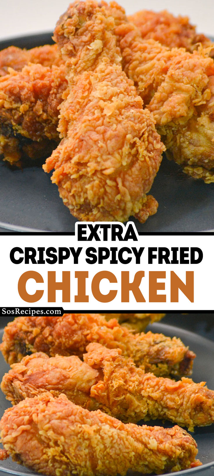 crispy fried chicken on a plate with the words extra crispy spicy fried chicken