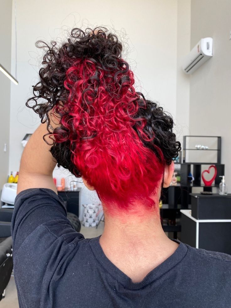 Peekaboo Hair Color On Wavy Hair, Curly Hair Dyed Underneath Red, Curly Hair Dye Ideas Underneath, Died Curly Hair Ideas, Halo Hair Dye Style Curly Hair, Red Underdye Hair Curly, Dyed Curly Hair Ideas Colour Red, Pick A Boo Hair Color Ideas, Black And Red Curly Hair