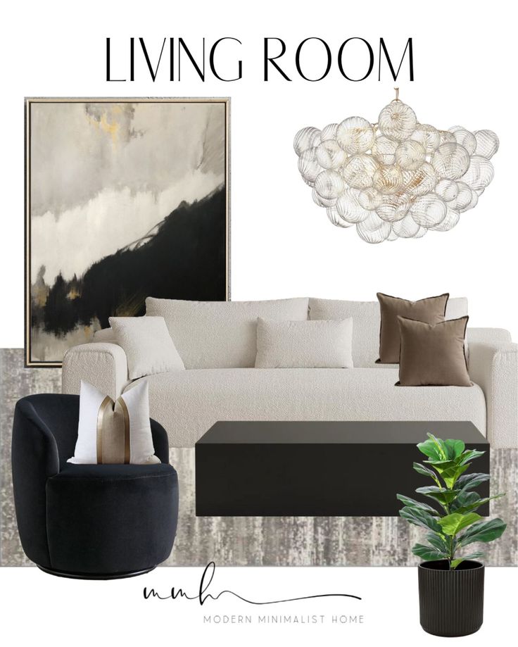 the living room is decorated in neutral and black