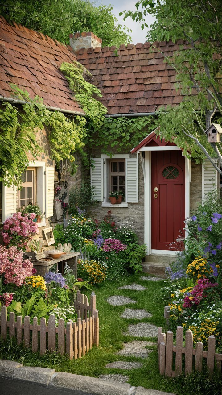 a small house with flowers around it and a red door in the front yard is surrounded by greenery