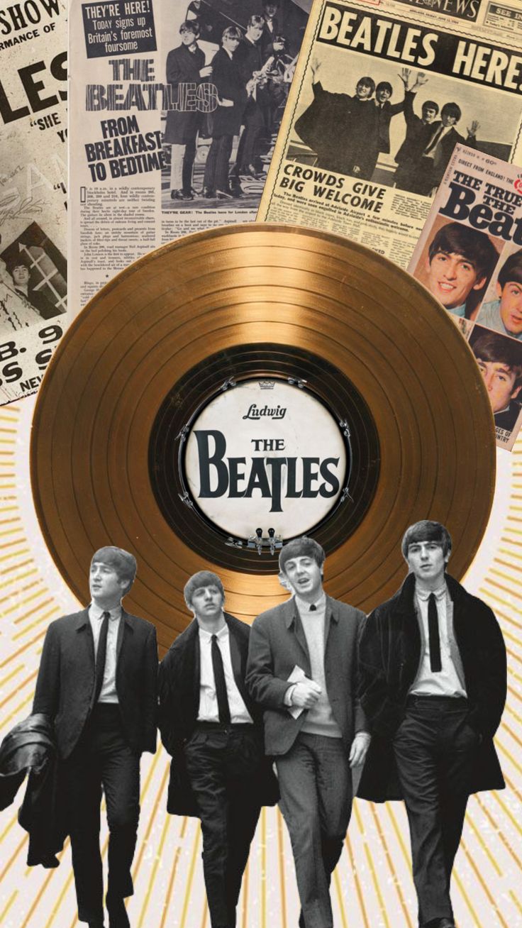 three men in suits and ties are walking past a record with the beatles on it