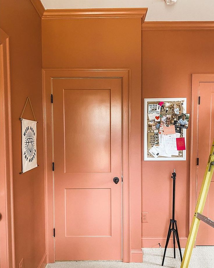 an orange room with pink walls and a ladder in the corner next to a door