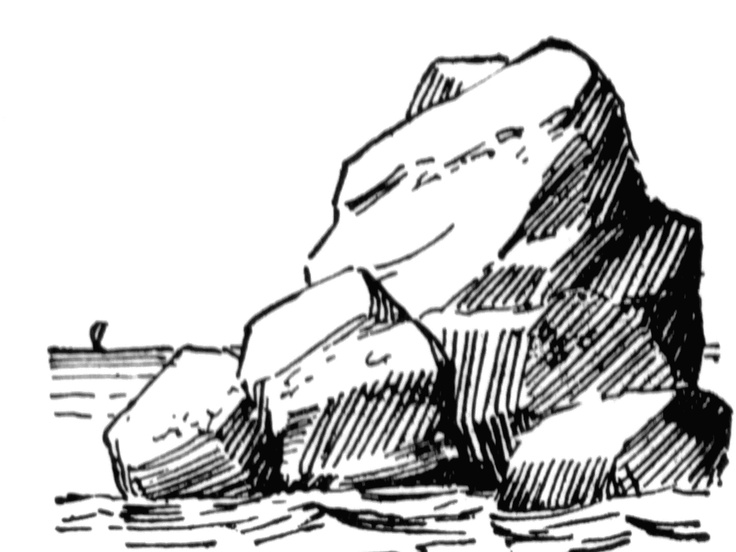 an ink drawing of rocks in the water with one rock sticking out of it's side