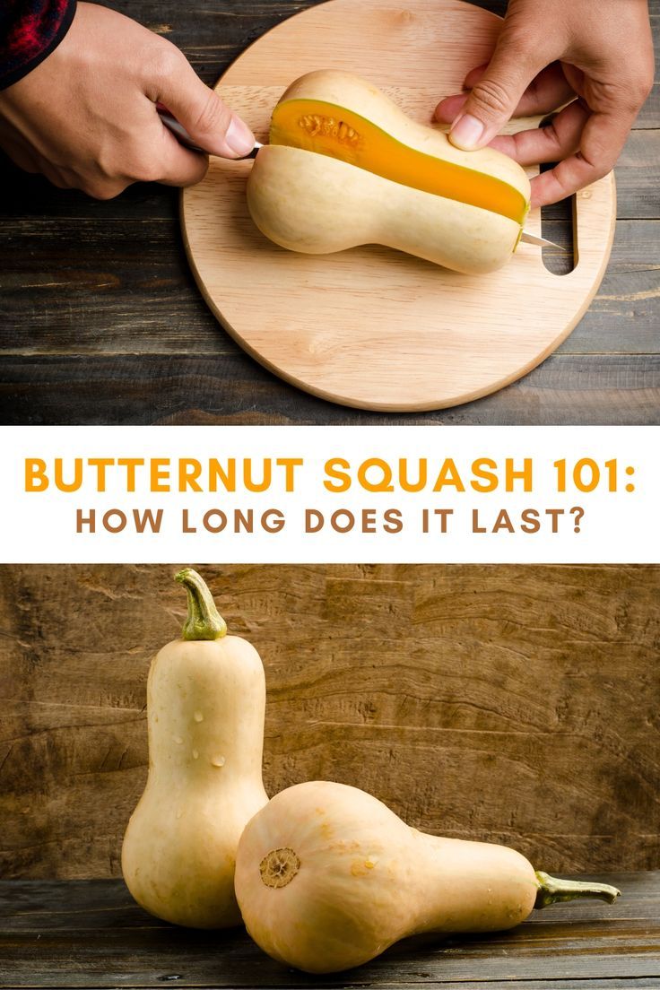 An image divided into two sections: the upper half shows a hand slicing a butternut squash in half, while the lower half features two whole butternut squashes Stay Fresh, Butternut Squash, Shelf Life, Pantry, To Tell, Canning