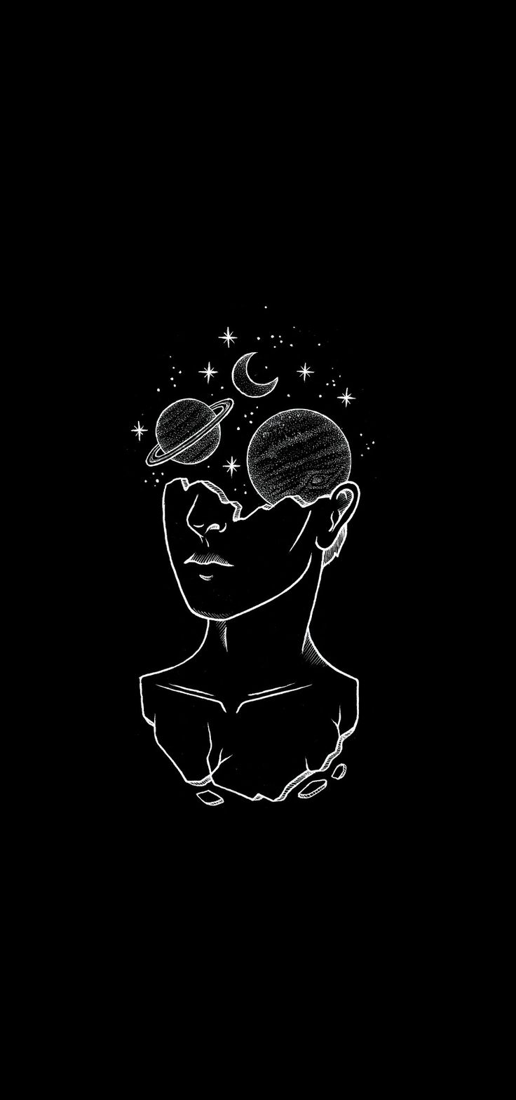 a black and white drawing of a man's head with planets in the background