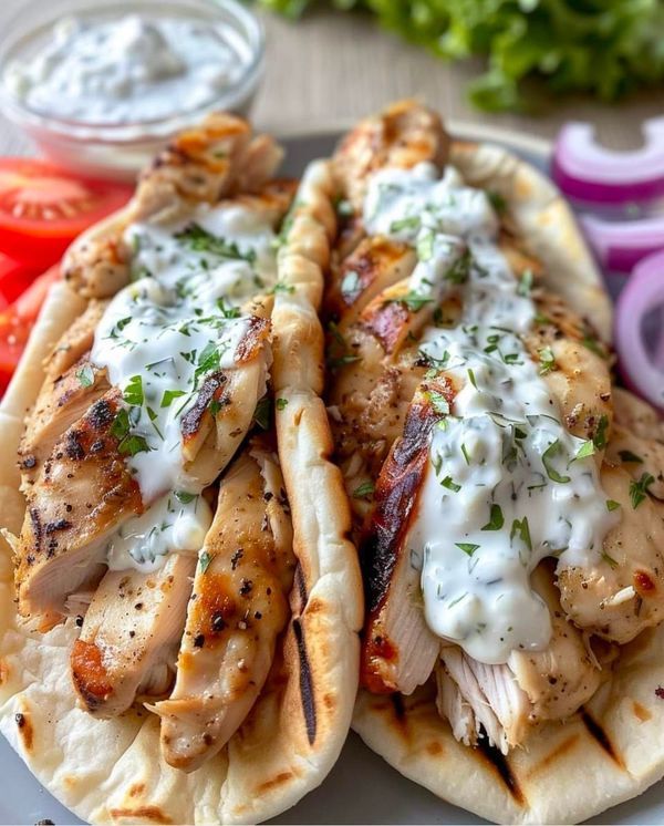 two chicken pita sandwiches on a plate with tomatoes, onions and lettuce