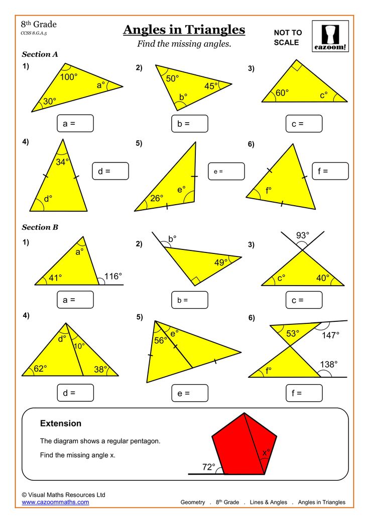 worksheet showing the angles in triangles for students to practice their math skills on