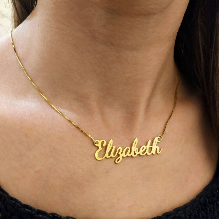 14k Real Solid Gold - Custom Name Necklace - Nameplate Pendant - 14k Name Jewelry - Personalized Gifts - Handwriting Jewelry - Elizabeth . . . . . . . . . . . . . . . . . . . . . . . . . . . . . . . . . . . . . . . . . . . . . . . . . . . . . . . . . . Looking for a thoughtful gift for your loved one? You will love this high quality 14k real solid gold custom name necklace. This is a perfect gift for your girlfriend or wife. Personalize it with her name in a beautiful font. This lovely 14k real Gold Nameplate Necklace For Formal Occasions, Formal Gold Name Necklace, 14k Stamped Nameplate Necklace For Anniversary, Classic Yellow Gold Name Jewelry, Classic Gold Necklaces With Hallmarks, Custom Yellow Gold Nameplate Necklace For Anniversary, 14k Gold Name Necklace, Yellow Gold Custom Nameplate Necklace For Anniversary, Classic Gold Necklace With Custom Name