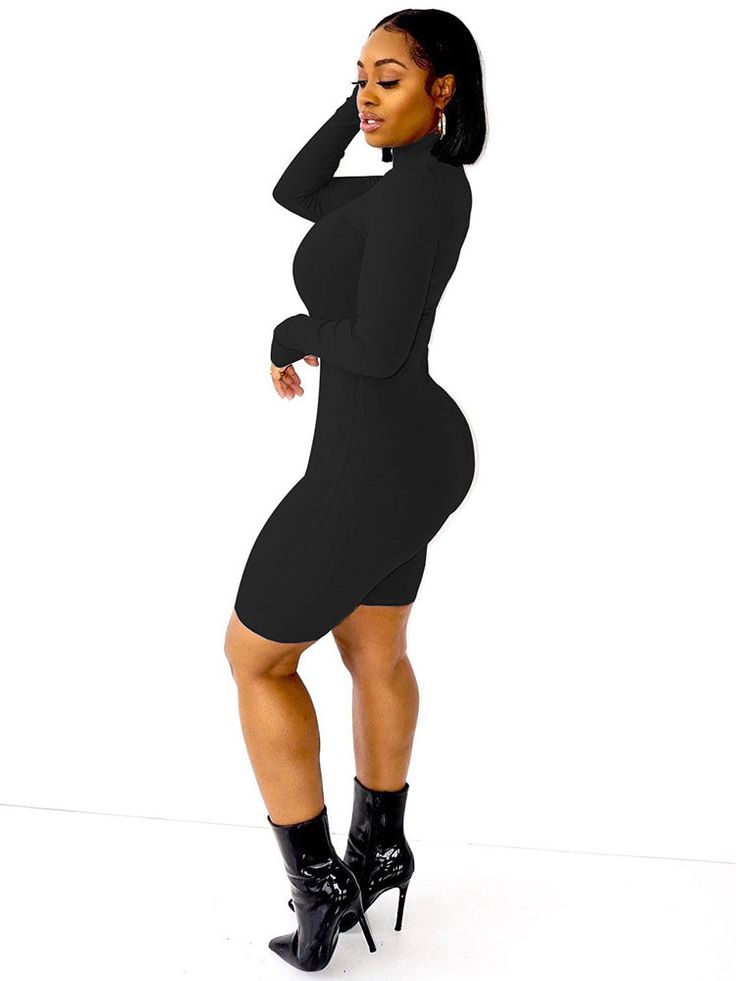 Material: 81-90%Knit.Features:High waist.bodycon. long sleeve. high neck. ribbed knit. solid color. slim. sexy. jumpsuit.Style: Casual Solid Fitted High Neck Turtleneck, Stretch Long Sleeve Turtleneck For Night Out, Sleek Fitted Turtleneck, Chic High Neck Solid Color Bodycon Dress, Sleek Fitted Solid Turtleneck, Fitted High Neck Turtleneck For Night Out, Fitted High-neck Turtleneck For Night Out, Stretch High Neck Turtleneck For Night Out, Solid Color High Neck Bodycon Bodysuit