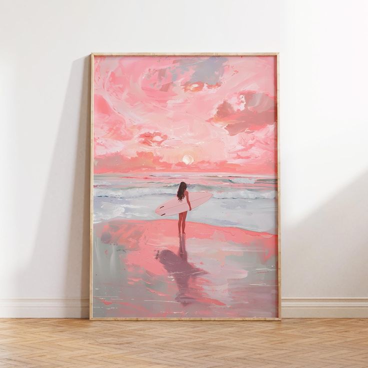 a painting of a woman holding a surfboard in front of a pink sunset on the beach