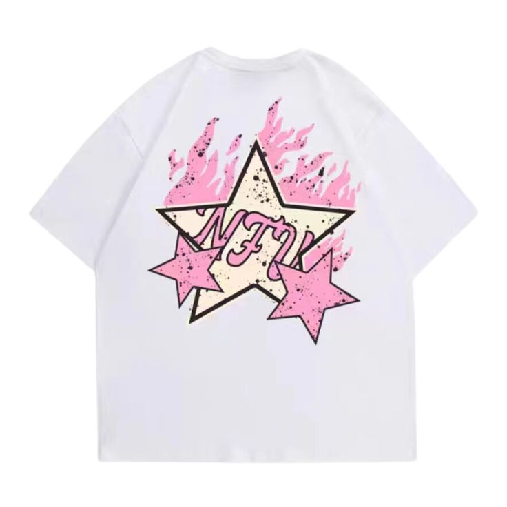 Add a pop of style to your wardrobe with this High Street Pink Star Flame T-Shirt. The t-shirt features a fun, vibrant design with a colorful flame pattern and a stylish star embellishment. Crafted from durable cotton for long-lasting comfort. Features: -100% Cotton -Crew Neckline -Dropped Shoulder -Flame -Star Graphic -Regular fit -High Street style Pink And White Graphic Tee, Y2k Summer T-shirt With Graphic Design, Y2k Graphic Design T-shirt For Summer, Casual T-shirt With Star Print For Spring, Pink Punk T-shirt With Letter Print, Punk Style Graphic Print Summer Shirt, Retro Summer Shirt With Logo Print, Trendy Star Print T-shirt For Streetwear, Punk Style Graphic Print Shirt For Summer