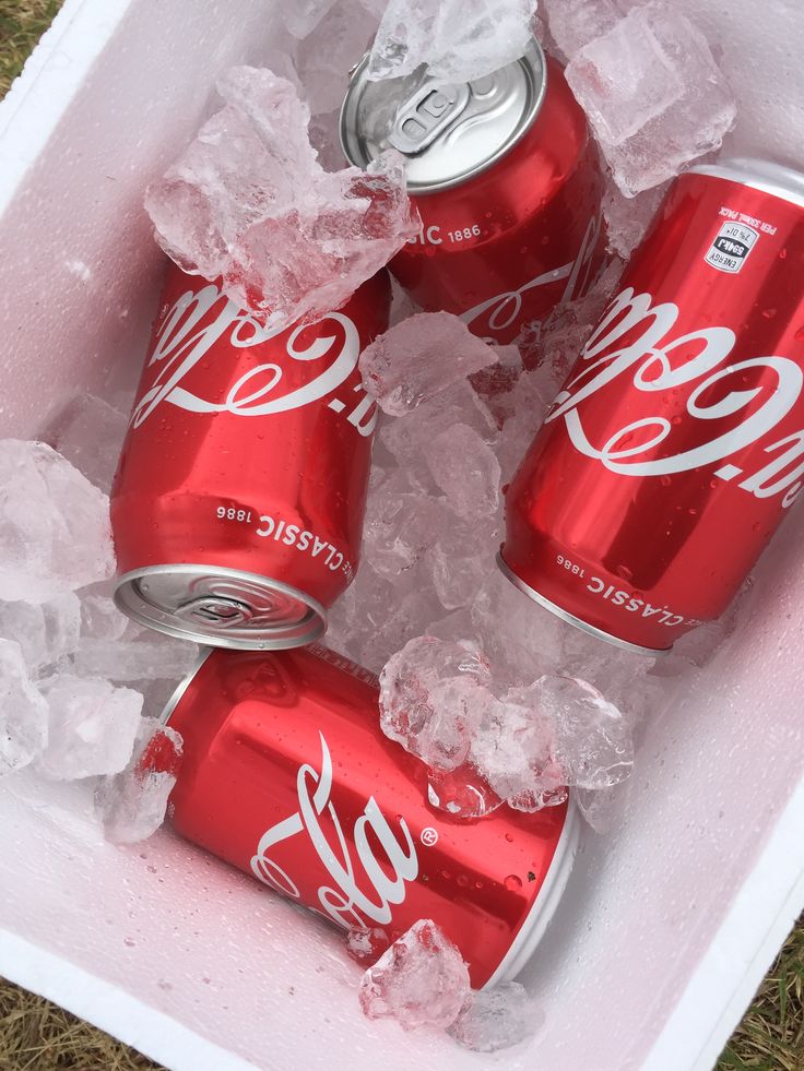 four cans of coca - cola sitting in an ice box on top of some grass