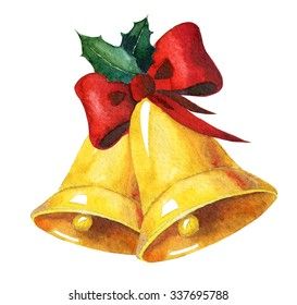 a watercolor painting of a golden bell with a red bow and holly on top