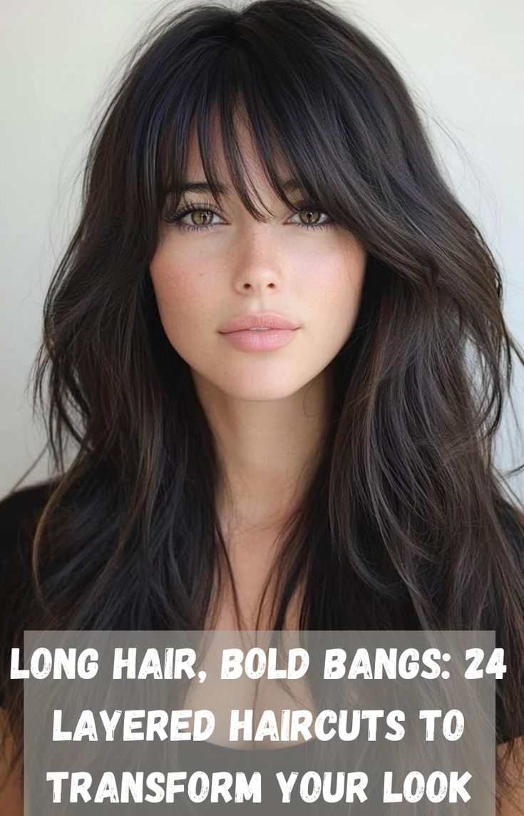 Transform your long hair with these 24 layered cuts featuring bold bangs. From soft layers to edgy styles, these cuts will elevate your look and give your hair new life. Long Layers Bangs Haircut, Layers Or No Layers Hair, Bangs For Side Part, Center Parted Bangs, Haircut Long Hair With Bangs, Bangs With Long Hair Layers, Wide Bangs Hair, Trendy Bangs Long Hair, Long Haircut With Layers And Bangs