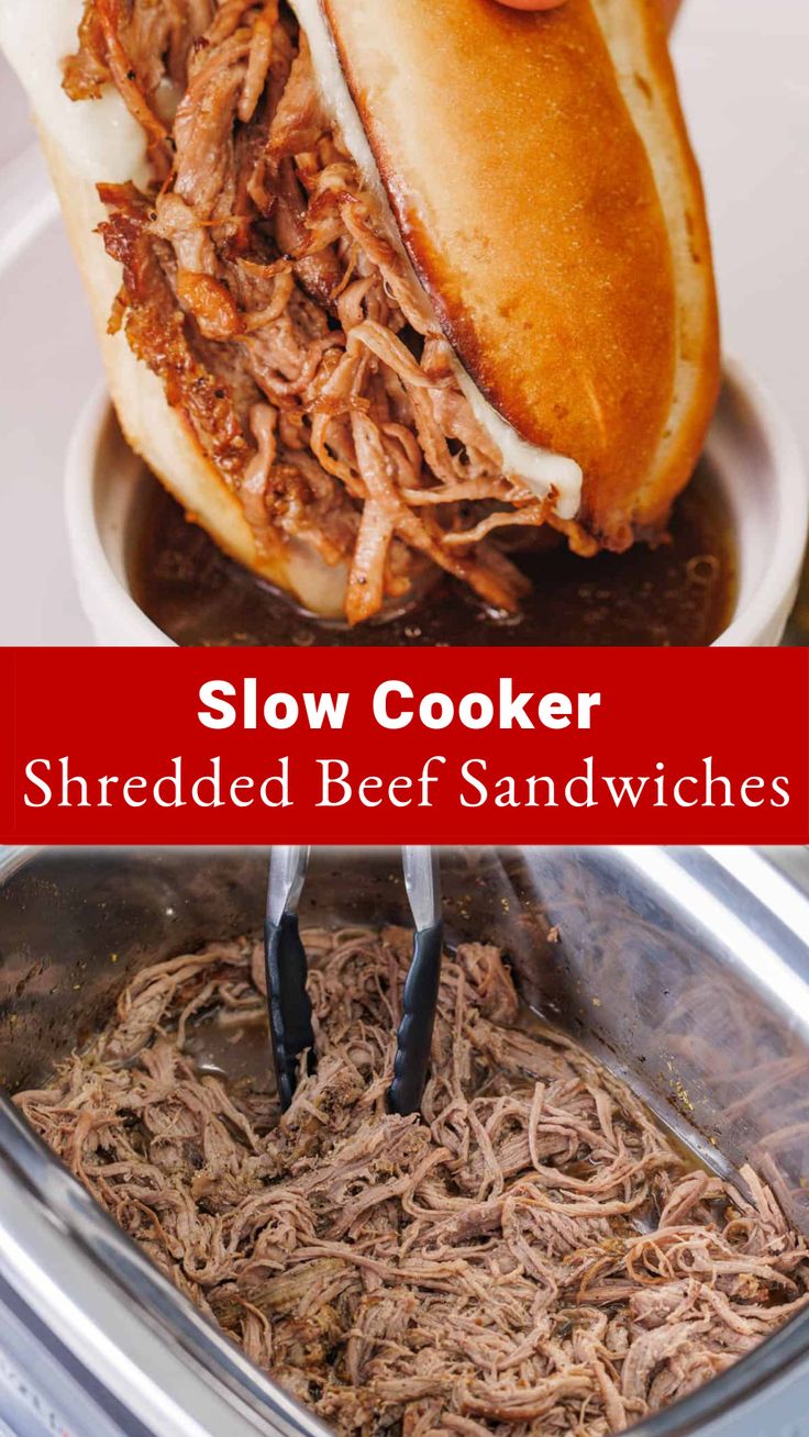 Juicy Slow Cooker Shredded Beef is a must-try crock pot recipe. Use it to make shredded beef sandwiches for dipping au jus, or store or freeze leftovers for easy meal prep. Italian Roast Beef Crock Pot Sandwich Recipes, French Dip Crock Pot Shaved Beef, Shredded Beef Recipes Sandwiches, Shredded Beef Au Jus, Pulled Beef Crock Pot Recipes Sandwiches, Shredded Beef Sandwiches Instant Pot, Hot Beef Sandwich Recipes, Slow Cooker Hot Beef Sandwiches, Beef Pulled Sandwiches