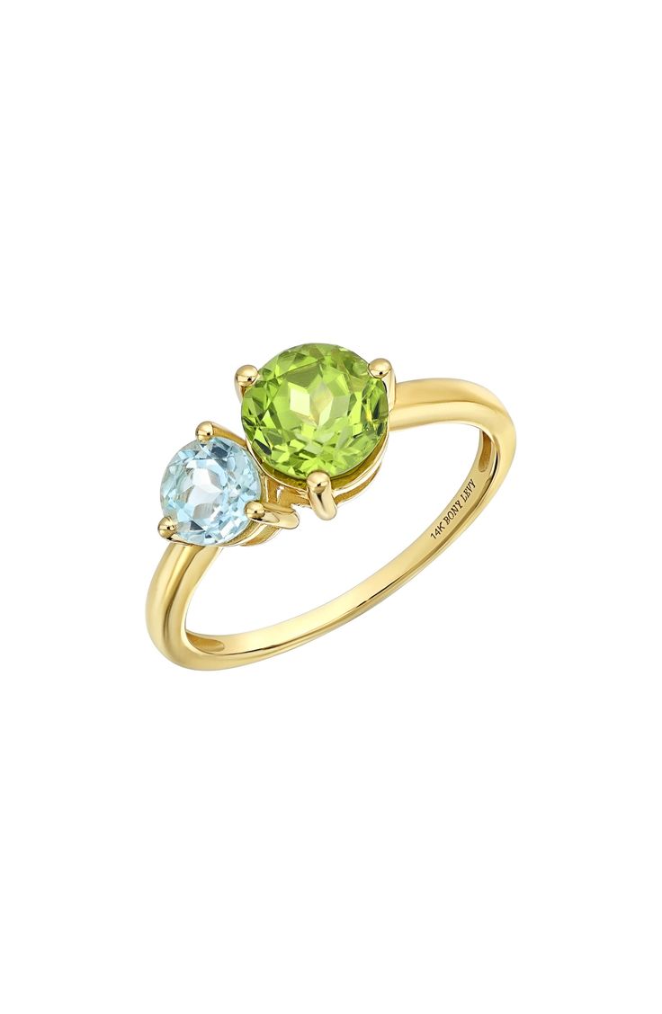 Two prong-set semiprecious stones bring vibrant sparkle to the center of this handcrafted 14-karat-gold ring and adds rich color to any stack. 1/2"W x 1/4"L setting Total stone weight: 1.43ct. 14k gold/blue topaz and peridot, blue topaz and citrine or blue topaz Imported Yellow Gold Topaz Ring With Gemstone Accents, Green 14k Gold Birthstone Ring With Accent Stones, Fine Jewelry Yellow Gold Round Cut Gemstones, Multi-stone Yellow Gold Birthstone Ring In 14k, Multi-stone 14k Yellow Gold Birthstone Ring, 14k Gold Green Gemstones, Green Multi-stone Gemstones In 14k Gold, Yellow Gold Multi-stone Birthstone Ring In 14k Gold, 14k Yellow Gold Multi-stone Birthstone Ring