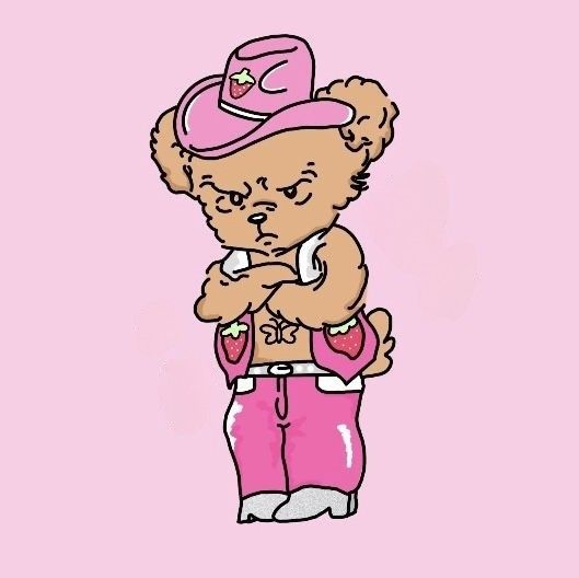 a drawing of a teddy bear wearing pink shorts and a cowboy hat with his arms crossed