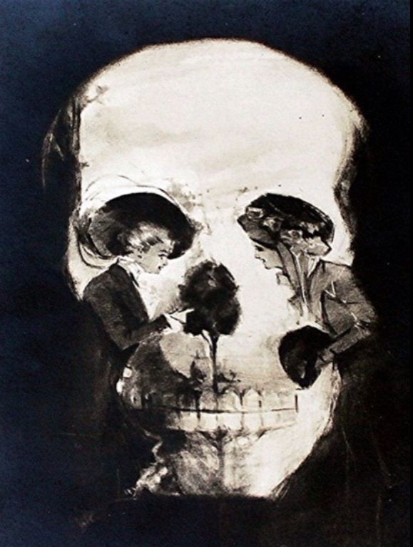 a black and white drawing of a human skull