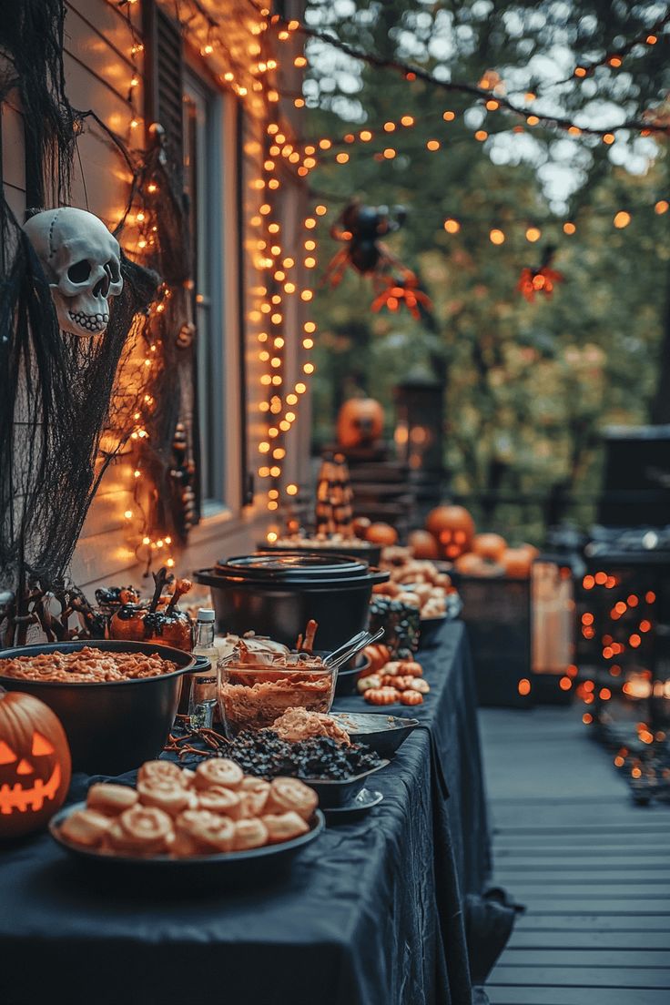 an outdoor halloween party with pumpkins and cookies