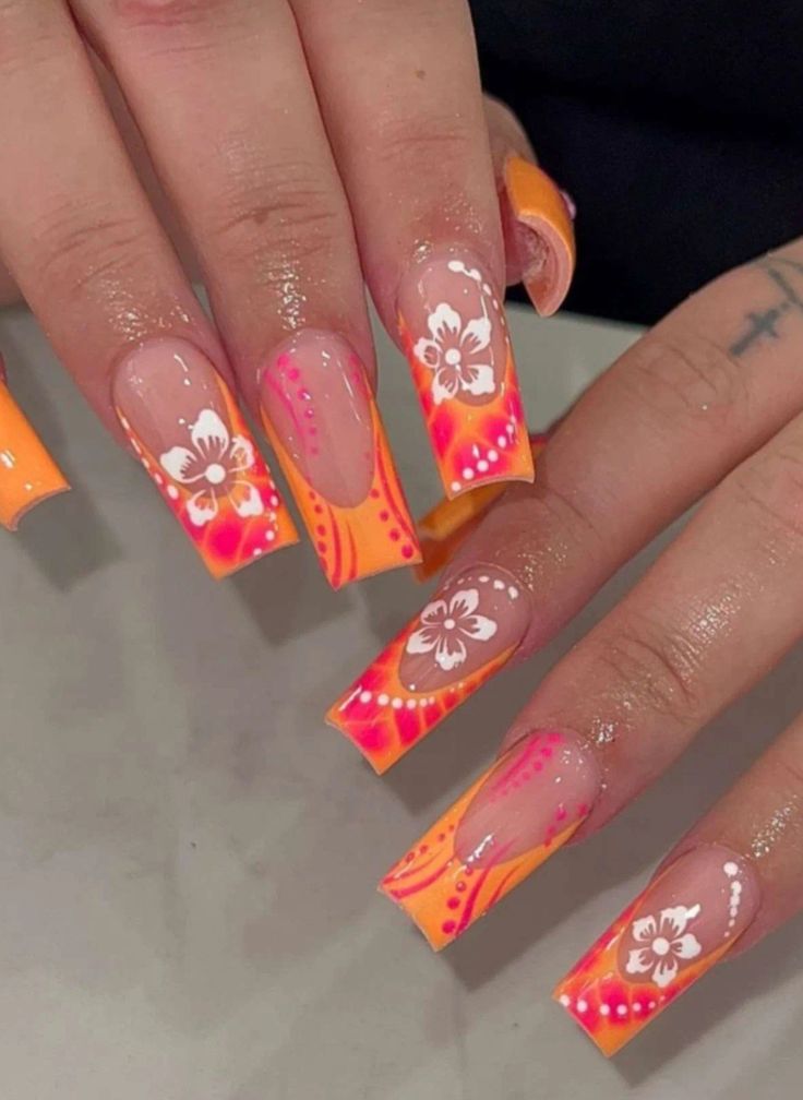 Summer Acrylic Nails Colorful, Havana Nights Nails, Orange And Teal Nails Summer, Tropical Acrylic Nails Summer, Cuba Nails Designs, Island Nail Ideas, Hawian Nails Designs, 2024 Beach Nails, Jamaica Nail Ideas