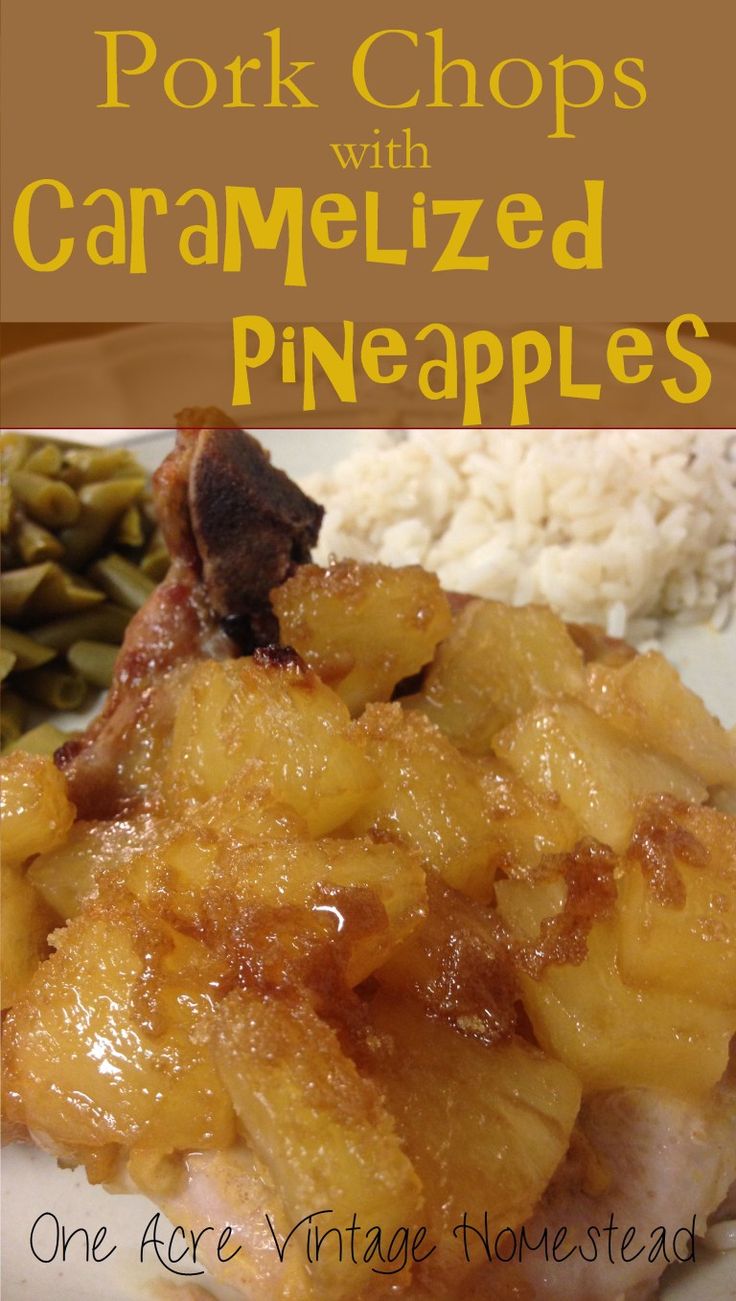 pork chops with caramelized pineapples and white rice on a plate