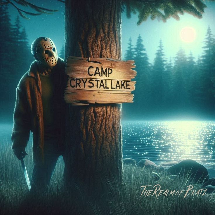 a man standing next to a tree with a sign on it that says camp crystal lake