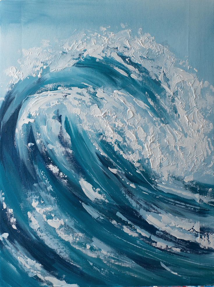 a painting of a large wave in the ocean with blue and white paint on it