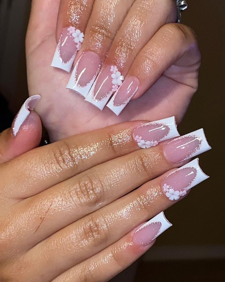 French Tip Nail With Glitter, French Baddie Nails, Nails Acrylic Square Medium, French Tip With Gems, Plain Acrylic Nails, Acrylic Nail Set, 4 December, Girly Acrylic Nails, Fall Acrylic Nails