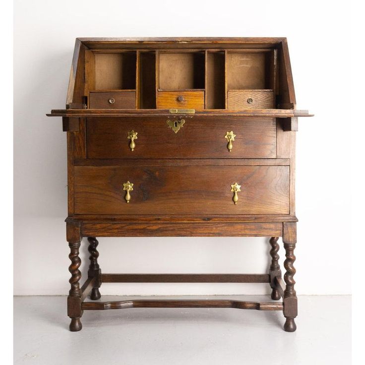 an old wooden desk with drawers on it