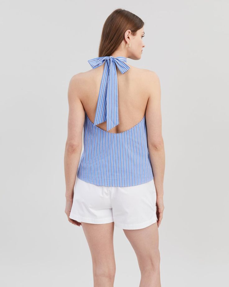 The Barbara Halter Top, made in our cotton poplin fabric, features a high neckline with an open back and ties at the neck. Pair with the Loretto Short. Elegant Cotton Top With Tie Back, Elegant Cotton Tops With Tie Back, Elegant Cotton Tie Back Tops, Summer Cotton Tie Back Blouse, Summer Cotton Blouse With Tie Back, Chic Cotton Tie Neck Top, Summer Tie Back Top With Tie Neck, Summer Tie Neck Top With Tie Back, Summer Tie-back Top With Tie Neck