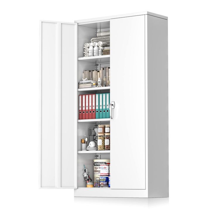 an open cabinet with many books on it