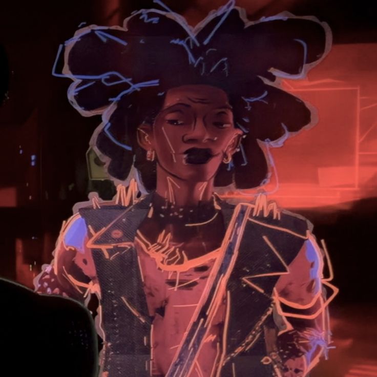 an animated woman wearing a black hat and holding a knife in her hand with neon lights behind her