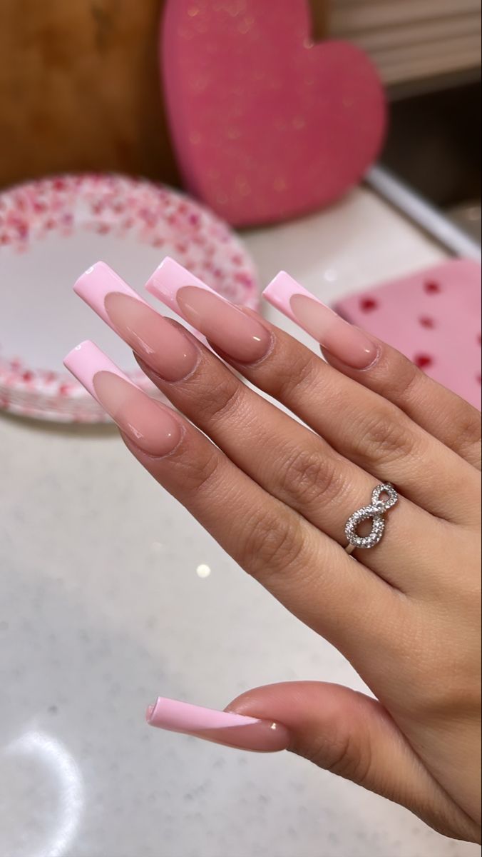 Long Acrylic Nails Pink French Tip, Soft Pink Square Acrylic Nails, Pink French Nails Square Long, Nail Inspo Long Simple, Pink Acrylic Nails With Rhinestones Simple, Medium Long Nails Square Pink, Long Pink French Tip Nails Square, Light Pink French Tip Nails Square Long, Long French Tip Acrylics