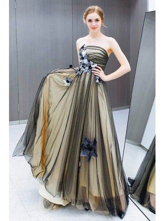 Black Tulle Train Length Strapless Prom Dress With Flowers Prom Dress With Flowers, Tulle Train, Dress With Flowers, Strapless Prom Dress, Black Tulle, Wholesale Flowers, Flower Dresses, Summer Party, Prom Dress