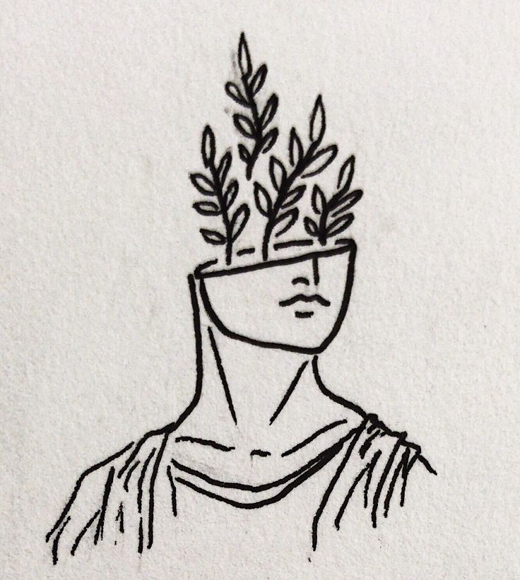 a black and white drawing of a man with plants in his head