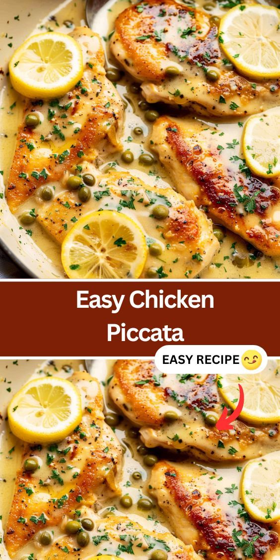 chicken with lemons and capers in a skillet on the side, next to an image of easy chicken piccata