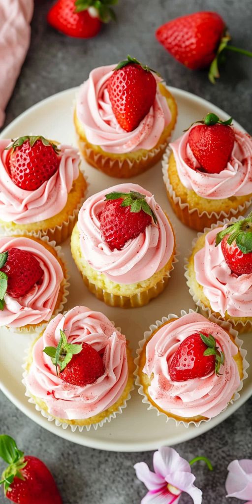 strawberry cupcakes with pink frosting and strawberries on a plate next to flowers