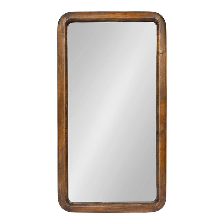 a wooden framed mirror on a white background